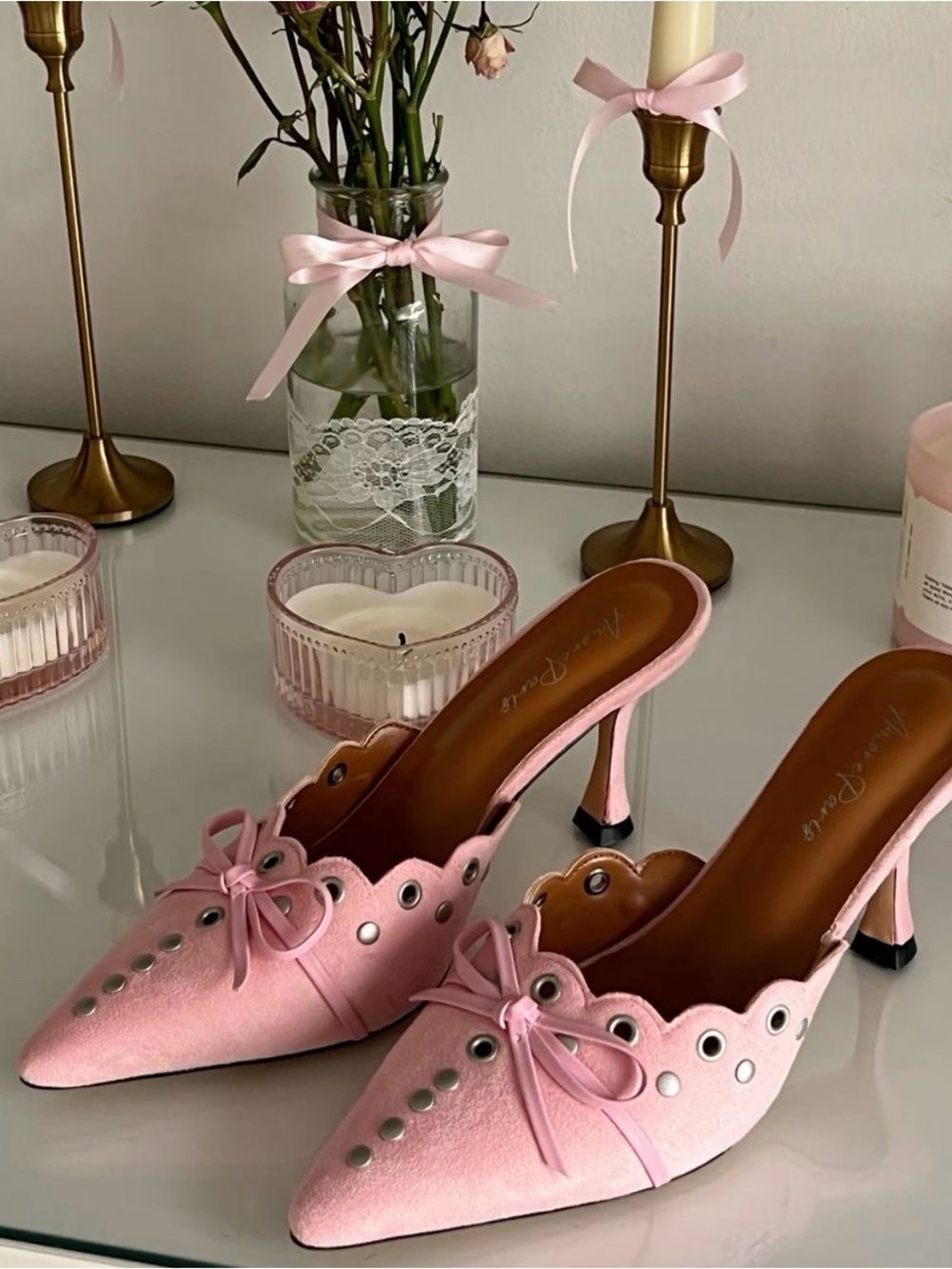 Pink Bow Kitten Heel Studded Pointed Toe Mules Coquette Chic NEW IN BOX